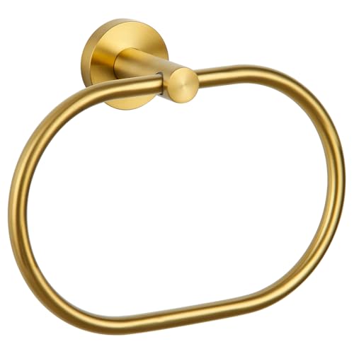 APLusee Brushed Gold Towel Ring for Bathroom Towel Storage, Wall Mounted | Rust-resistant 304 stainless steel, 180° swivel hand towel holder for kitchen, sink, vanity, oval ring for easy towel access - color: Brushed Gold