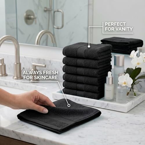 Sofea 100% Cotton Washcloths Set of 12, (12 x 12 Inch) 520 GSM Wash Cloths, Extra Soft Absorbent Quick Dry Face Towels - color: Black