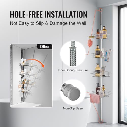 VEVOR Shower Corner Caddy Tension Pole, 42" to 114" High, Multi-Functional Shower Tension Pole with Strong Load-Bearing Tray, Rust-Proof Easy-to-Install, Fit for Bathroom & Washroom, Silver