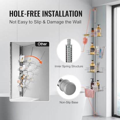 VEVOR Shower Corner Caddy Tension Pole, 42" to 114" High, Multi-Functional Shower Tension Pole with Strong Load-Bearing Tray, Rust-Proof Easy-to-Install, Fit for Bathroom & Washroom, Silver
