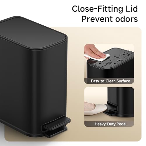 TIPGO Small Bathroom Trash Can with Lid Soft Close, Step Pedal, 1.3 Gallon / 5 Liter Stainless Steel Slim Garbage Can for Office, Diaper Waste Basket with Removable Inner Bucket (Matte Black) - color: Black