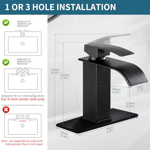 Sagetta Waterfall Bathroom Sink Faucet Single Hole Black with Three Hole Cover Deck Plate, Pop up Drain and Water Hoses Stainless Steel Vanity - color: Black, style: 1