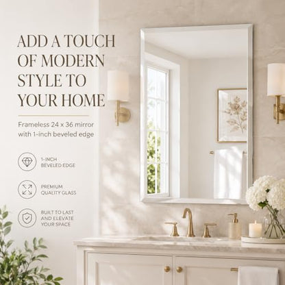 24x36 Inch Rectangle Frameless Bathroom Vanity Mirror with Beveled Edge - Shatterproof Wall Mounted Decorative Glass with Safety Backing for Living Room Bedroom Hallway Entryway - Fab Glass and Mirror - size: 24"L x 36"W, style: Rectangle