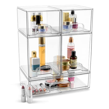 Sorbus Acrylic Storage Containers - 5 Pack, Stackable Storage Bins Set for Bathroom Organization - Clear Acrylic Drawer Organizers - Makeup Case Pull-Out Drawers (7.6’’ and 4.4’’ Tall and 12.1’’ Wide) - size: 5 Pack, Complete Set