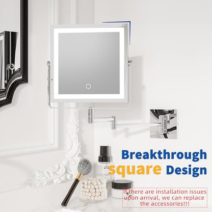 Ruacq Wall Mounted Makeup Mirror with Lights 1X/10X Dual Sided Chrome | 8",4000mAh Rechargeable,Magnification,3 Color,Touch Screen Dimmable,360° Rotation Extension Foldable Arm, Square, Women Gift - color: Chrome
