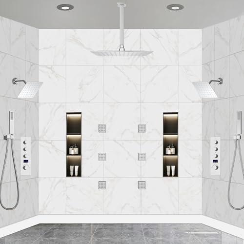 Dual Shower Mixer 6 Way Full Body Shower Head System Rain 12+8+8 Inch With Wall Mount 6 Pcs Jets 2 Handheld Shower Diverter Valve Digital Display Fauct Set，Chrome - color: Chrome