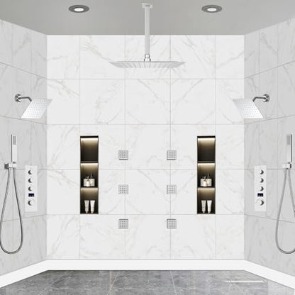 Dual Shower Mixer 6 Way Full Body Shower Head System Rain 12+8+8 Inch With Wall Mount 6 Pcs Jets 2 Handheld Shower Diverter Valve Digital Display Fauct Set，Chrome - color: Chrome