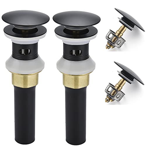 Rockgoya Bathroom Sink Drain,2 Pack Drain Stopper Bathroom Sink with Overflow,Pop Up Drain Assembly with Detachable Strainer Basket,Built-in Anti-Clogging Strainer,Stainless Steel Mattle Black - color: Mattle Black-2 Pack, style: With Overflow