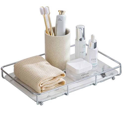 Dobbyby Vanity Tray Makeup Organizer Cosmetics Storage Bathroom Skincare Organizer Countertop Display Rack in Dresser Stainless Steel Shelf Marble Print Ceramic Trays - color: 1 Tier-sliver