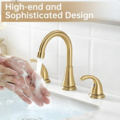 Bathroom Sink Faucet FRANSITON Centerset 8 Inch 2 Handle Bathroom Sink Faucet Lead-Free with Pop-up Drain Stopper and Supply Hoses (Brushed Gold, 8 Inch) - color: Brushed Gold