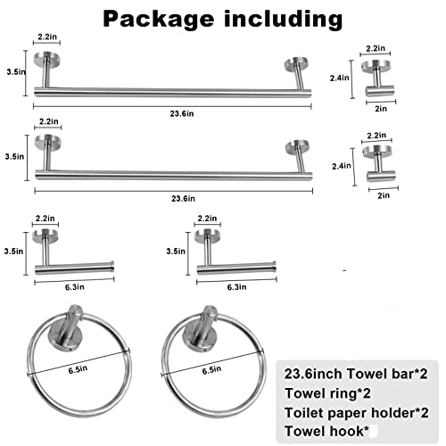 8 Pieces Bathroom Towel Rack Set, Includes 2PCS 23.6 inch Towel bar, 2PCStowel Hook, 2 PCS Towel Ring, 2PCS Toilet Paper Holder-Brushed Nickel Bathroom Accessories Sets - color: Brushed Silver, size: 8pcs-24inch
