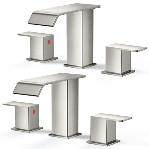 FORIOUS Widespread Bathroom Sink Faucet 3 Hole 8 Inch 2 Pack Brushed Nickel | 3-hole 4-12 Inch Widespread Sink, Square Waterfall Spout, with Drain and Hoses,for Vanity Rv Commercial Lavatory Restroom - color: Stainless Steel x2PCS