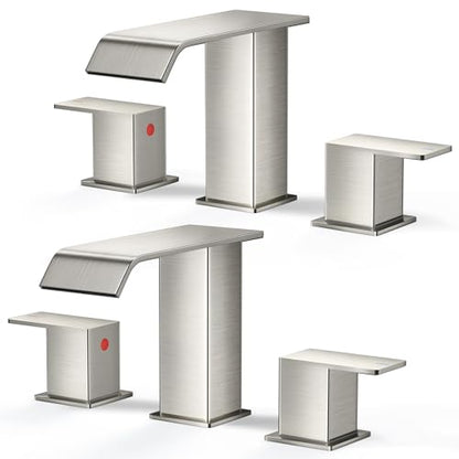 FORIOUS Widespread Bathroom Sink Faucet 3 Hole 8 Inch 2 Pack Brushed Nickel | 3-hole 4-12 Inch Widespread Sink, Square Waterfall Spout, with Drain and Hoses,for Vanity Rv Commercial Lavatory Restroom - color: Stainless Steel x2PCS