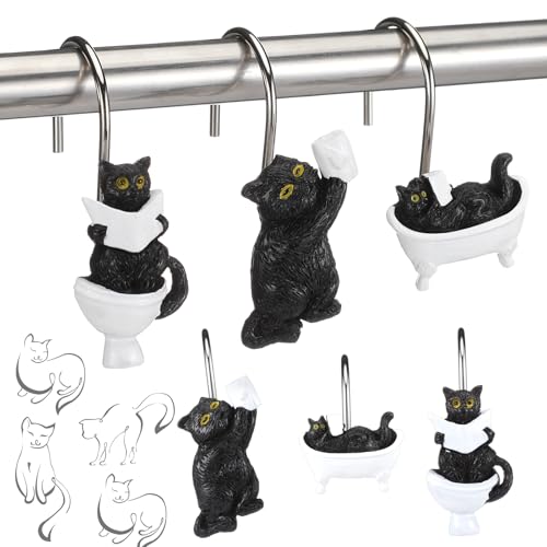 Roowest 12 Pcs Black Cat Shower Curtain Hooks Western Shower Curtain Hooks Stainless Steel Rust Resistant Rings Hangers for Winter Farmhouse Rustic Bathroom Decor - style: Black Cat