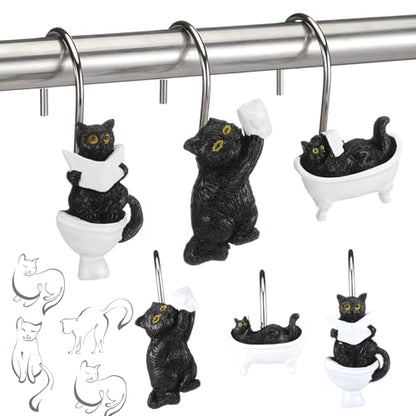 Roowest 12 Pcs Black Cat Shower Curtain Hooks Western Shower Curtain Hooks Stainless Steel Rust Resistant Rings Hangers for Winter Farmhouse Rustic Bathroom Decor - style: Black Cat