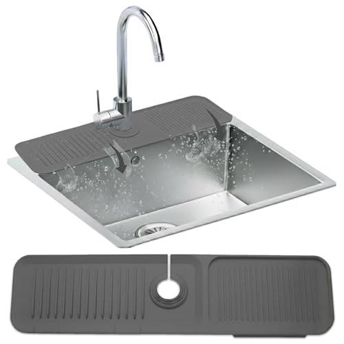 24 Inch Longer Faucet Mat for Kitchen Sink| 5° Slope Fast Self-Draining Sink Splash Guard | Multipurpose Faucet Mat Foldable Durable No Smell | Cut-to-Fit Opening Up to 2.6in | Dark Grey - color: Dark Grey, size: 24.01" X 5.5"