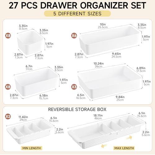 27 Pcs Deep Drawer Organizer Bulk, 2 Expandable Hanging Trays with Plastic Drawer Dividers Organizers, Desk Drawers Organizer Trays for Makeup Kitchen, Bathroom, Office, Bedroom, White