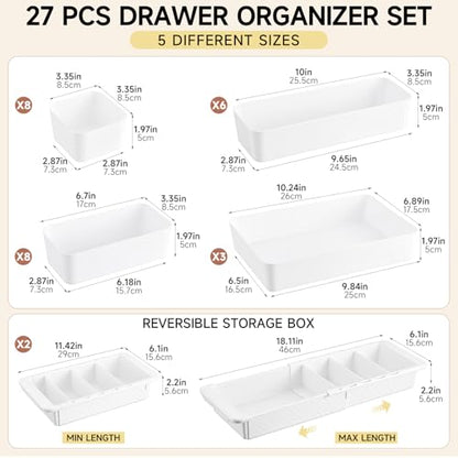 27 Pcs Deep Drawer Organizer Bulk, 2 Expandable Hanging Trays with Plastic Drawer Dividers Organizers, Desk Drawers Organizer Trays for Makeup Kitchen, Bathroom, Office, Bedroom, White