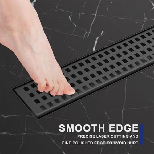 32 Inch Linear Shower Drain - Matte Black, with Removable Grate | AISI 304 Stainless Steel Shower Drain, Long Rectangle Shower Floor Drain with Adjustable Feet, Fits Bathroom & Balcony etc - color: Matte Black, size: 32 in