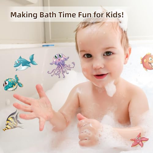 Non Slip Bathtub Stickers, 12 PCS Cute Sea Creature Shower Stickers for Kids Bathtub, Bathtub Non Slip Stickers and Adhesive Decals Scraper for Safety Bathroom Tubs, Shower Floor, Stairs