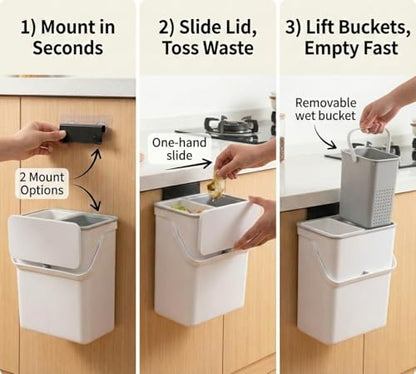 3.2 Galoon Kitchen Compost Bin with lid | Odorless Hanging Trash Can with Sliding Lid for Dry & Wet Waste – 12 L Wall-Mounted Garbage Can for Kitchen Cabinet. Under Sink Trash can for Office.
