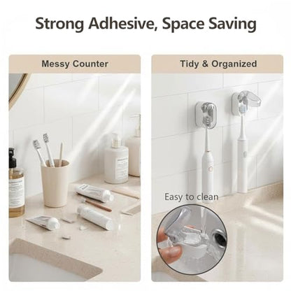 Wall Mounted Toothbrush Holder 2 Pack, with Cover for Bathroom | Automatic Opening & Closing, Dustproof & Waterproof, Self Adhesive, No Drilling, ABS Material, for Family Toothbrush Storage - size: 2-Pack