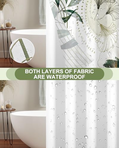 Modern No Hook Shower Curtain with Snap in Liner Set, 71x74 Inch | Double layer Waterproof Fabric with Mesh Top, Abstract Green Botanical Leaf & Geometric Print for Boho & Mid Century Bathroom - color: Boho-3