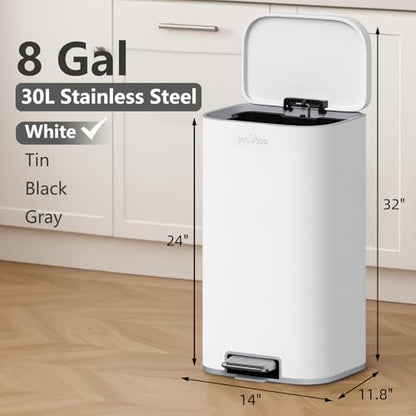 mVm 8 Gal Kitchen Trash Can, Step Trash Can with Lid, Smooth Edge Garbage Bin for Home Office (White) - color: White, size: 8Gal