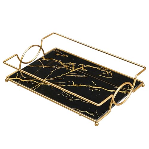 Large Bathroom Vanity Tray Black Gold Glass Counter Organizer | 12.6” Glass Handled Tray with Metal Frame, for Perfume, Skincare, Kitchen Counter, Coffee Bar, Entryway & Vanity - color: Black Gold-large