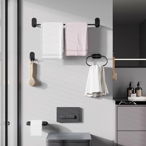 Self Adhesive Towel Bar for Bathroom 24ich Stainless Steel and Zinc Alloy No Drill Towel Rack Heavy Duty Hanger Stick On Hand Towel Holder for Kitchen, Cabinet, Door, Shower, Matte Black - color: Matte Black