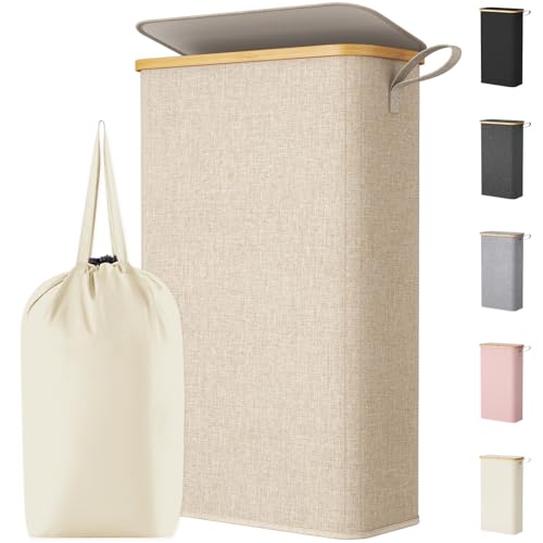 Lifewit 65L Slim Laundry Hamper with Lid, Narrow Laundry Basket with Removable Bag & Bamboo Handles, Fodable Thin Dirty Clothes Hamper for Laundry Collapsible Bin for Bathroom Bedroom Dorm, Beige - color: Beige, size: 65L