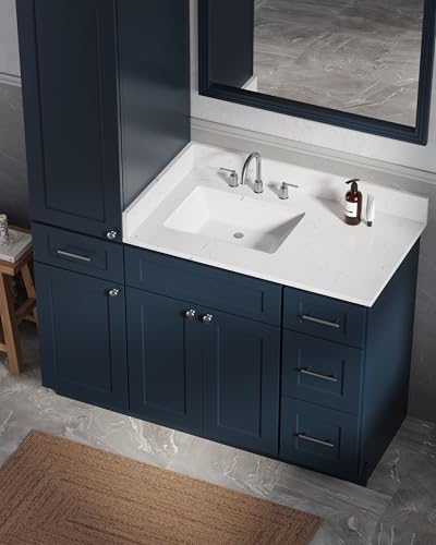 51" Bathroom Vanity with Linen Storage Tower and 4 Drawers, Carrara Quartz Top and Ceramic Sink, Left or Right Tower Option, Solid Wood Frame, 52" x 22" x 72" (Navy Blue, Left Tall Cabinet) - color: Navy Blue