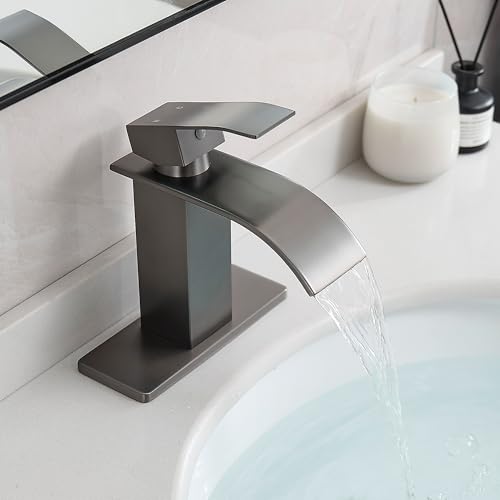 Waterfall Single Handle Bathroom Sink Faucet Grey | Vanity Faucet with Pop-up Drain, llaves para lavamanos de baño, Ceramic Valve, for 1 or 3 Hole Modern Bathrooms. - color: Gray