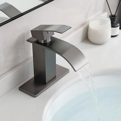 Waterfall Single Handle Bathroom Sink Faucet Grey | Vanity Faucet with Pop-up Drain, llaves para lavamanos de baño, Ceramic Valve, for 1 or 3 Hole Modern Bathrooms. - color: Gray