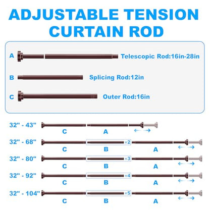 TEECK Shower Curtain Rod, 32-104 inch Adjustable Spring Tension Curtain Rod, Never Rust Anti-Slip Shower Curtain Rod for Bathroom, No Drilling, Never Collapse, Easy to Use, Brown - color: Brown, size: 32-104 Inches
