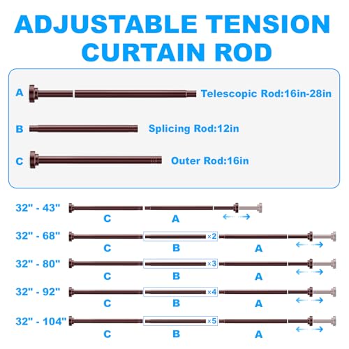 TEECK Shower Curtain Rod, 32-43 inch Adjustable Spring Tension Curtain Rod, Never Rust Anti-Slip Shower Curtain Rod for Bathroom, No Drilling, Never Collapse, Easy to Use, Brown - color: Brown, size: 32-43 Inches
