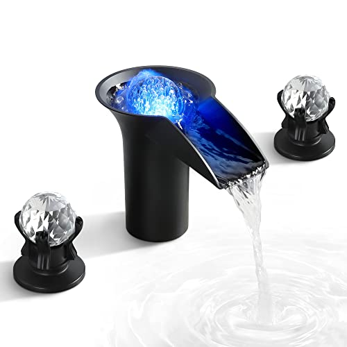 SKOWLL Bathroom Sink Faucet Waterfall, Free Floating Crystal Ball with LED Light, Modern 8 inch Widespread Bathroom Faucet 3 Hole with Dual Handle, Matte Black - color: Matte Black