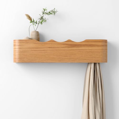 Coat Rack Wall Mount with Hidden Hooks, Wall Hooks with Shelf, Wall Key Holder Mount Wooden Shelf Entryway Hooks for Bedroom Bathroom for Hanging Coats Hats Bags Towels (Oak Wave-Shape, 4 Hooks) - color: Oak Wave-Shape, size: 4 Hooks