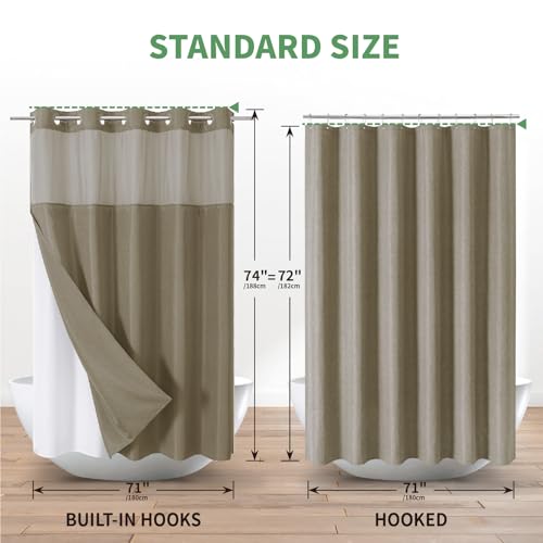 eachope No Hook Shower Curtain with Snap-in Fabric Liner Set,Slub Textured Fabric Shower Curtains for Bathroom,Hotel Style Modern Shower Curtain,Water Repellent & Washable,71x74(72),Tan/Khaki | Hotel Style Fabric with See-Through Top Window, Water Repelle