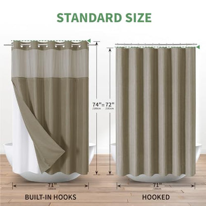 eachope No Hook Shower Curtain with Snap-in Fabric Liner Set,Slub Textured Fabric Shower Curtains for Bathroom,Hotel Style Modern Shower Curtain,Water Repellent & Washable,71x74(72),Tan/Khaki | Hotel Style Fabric with See-Through Top Window, Water Repelle