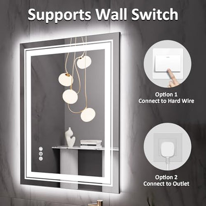 Snowdool 28 x 20 in LED Bathroom Mirror, Front and Backlit, Anti-Fog | Front and Backlit, Stepless Dimming, Anti-Fog, Memory Function - size: 28"L x 20"W