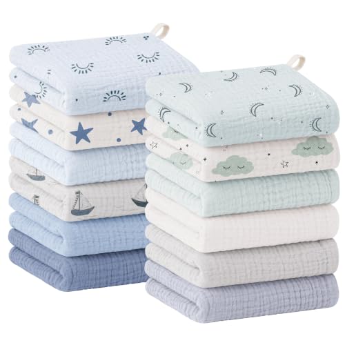 Bearmoss 12 Pack Baby Muslin Washcloths, 100% Cotton 10"x10" Face Towels | Soft Absorbent Bath Wash Cloths and Burp Cloths for Newborn Infants Kids Girls & Boys (Blue Gray) - color: Blue