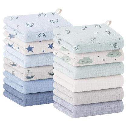 Bearmoss 12 Pack Baby Muslin Washcloths, 100% Cotton 10"x10" Face Towels | Soft Absorbent Bath Wash Cloths and Burp Cloths for Newborn Infants Kids Girls & Boys (Blue Gray) - color: Blue