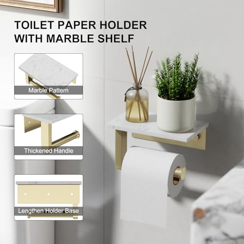 Brushed Gold Toilet Paper Holder with Marble Shelf Tissue Roll Holder | 304 Stainless Steel Wall Mounted Toilet Paper Roll Holder Screw-Mounted Tissue Holder for Bathroom Washroom by BATHLAVISH - color: Brushed Gold