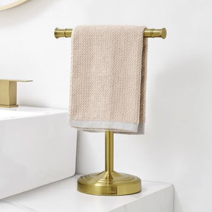 RUMOSE Brushed Gold Hand Towel Holder Stand Countertop Towel Rack | 13 Inch Bathroom Kitchen Vanity T-Shape Towel Stand Free Standing Stainless Steel Towel Bar Towel Ring - color: Brushed Gold
