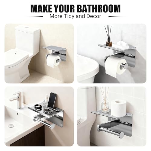 Chrome Toilet Paper Holder with Shelf, SUS304 Stainless Steel Rustproof Wall Mount Toilet Paper Roll Holder, Screw Bathroom Toilet Paper Holder for Kitchen, Washroom, RV - color: Chrome