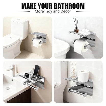 Chrome Toilet Paper Holder with Shelf, SUS304 Stainless Steel Rustproof Wall Mount Toilet Paper Roll Holder, Screw Bathroom Toilet Paper Holder for Kitchen, Washroom, RV - color: Chrome
