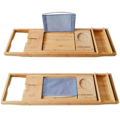Bath Caddy Tray for Tub, Bamboo Bathtub Tray Caddy 29.5-42.9 inch Expandable with Wine Glass Holder, Book Stand and Phone Slot Luxury Bubble Bath Accessories & Spa Decor Distinctive Gift