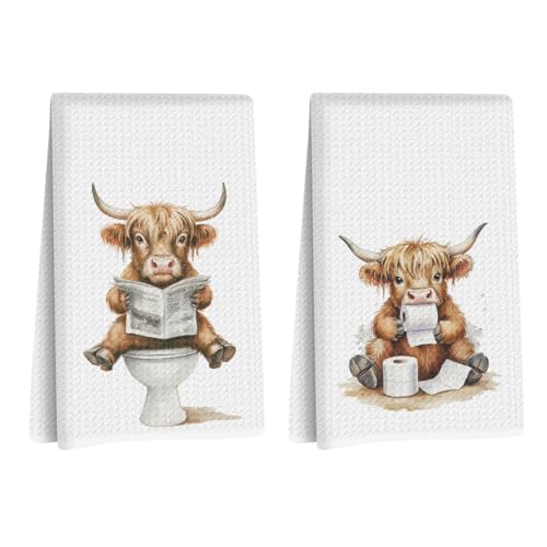2Pcs Funny Highland Cow Bathroom Hand Towels, Highland Cow Gifts for Women | Cute Scottish Cattle Farm Animal Hand Towels for Kids Bath Room Washroom Decor Toilet Restroom, Housewarming Gifts 16x24 Inch - color: Funny Highland Cow