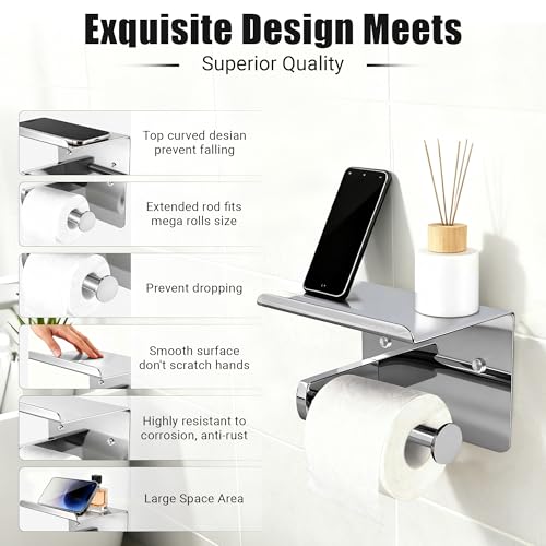 Chrome Toilet Paper Holder with Shelf, SUS304 Stainless Steel Rustproof Wall Mount Toilet Paper Roll Holder, Screw Bathroom Toilet Paper Holder for Kitchen, Washroom, RV - color: Chrome